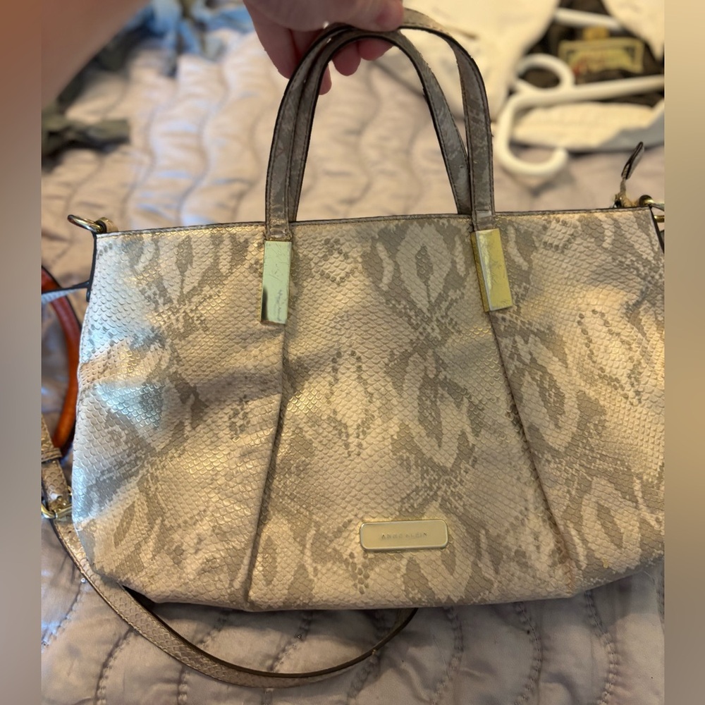 Anne Klein Beige Snake Print Satchel with Shoulder Strap-EUC